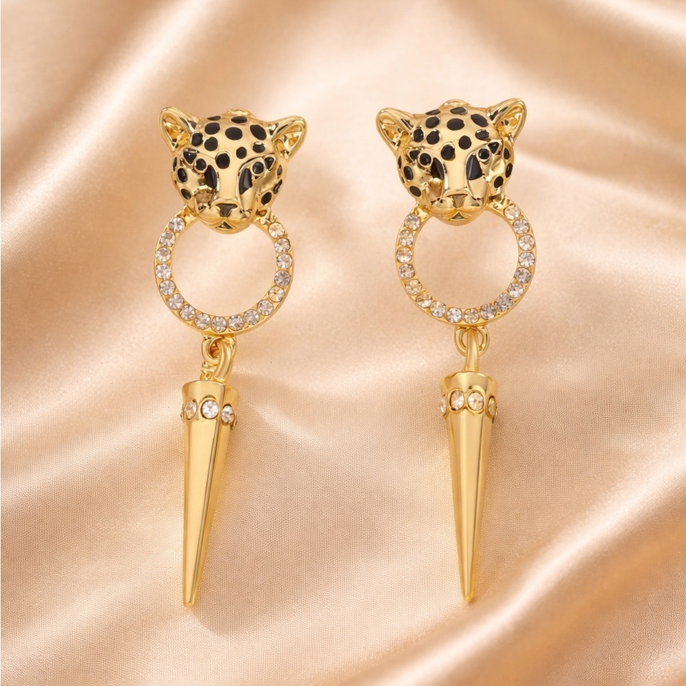 Anthropologie Gold Leopard Head Drop Earrings with Black Spots